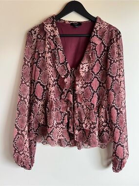 Haver London Snake Print Blouse Size Small Pink Black Ruffle Tie Front Boho Top